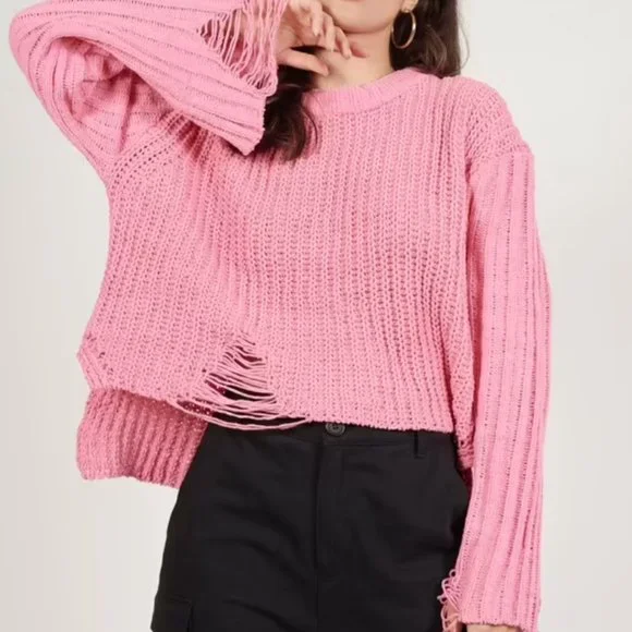NWT Tobi Rehab Lab SUGAR COATED PINK DISTRESSED SWEATER - Picture 2 of 4